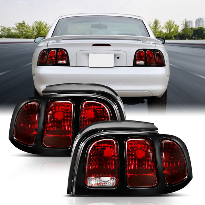 ANZO 1994-1998 Ford Mustang Taillight Dark Red Lens (OE Style) - Bull Strap