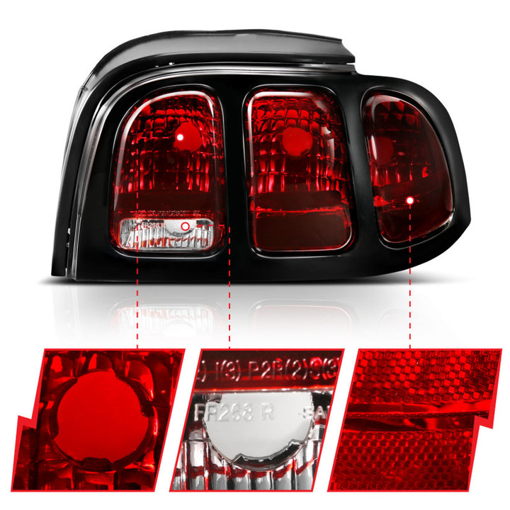 ANZO 1994-1998 Ford Mustang Taillight Dark Red Lens (OE Style) - Bull Strap