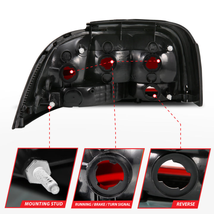 ANZO 1994-1998 Ford Mustang Taillight Dark Red Lens (OE Style) - Bull Strap