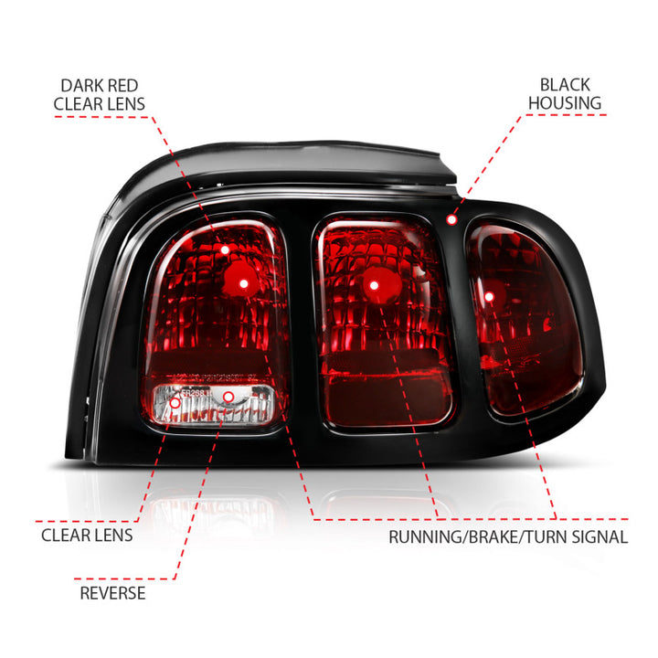 ANZO 1994-1998 Ford Mustang Taillight Dark Red Lens (OE Style) - Bull Strap