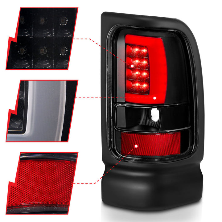 ANZO 1994-2001 Dodge Ram 1500 LED Taillights Plank Style Black w/Clear Lens - Bull Strap