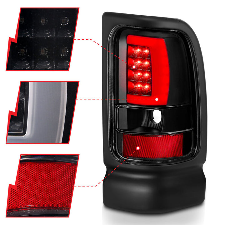 ANZO 1994-2001 Dodge Ram 1500 LED Taillights Plank Style Black w/Clear Lens - Bull Strap