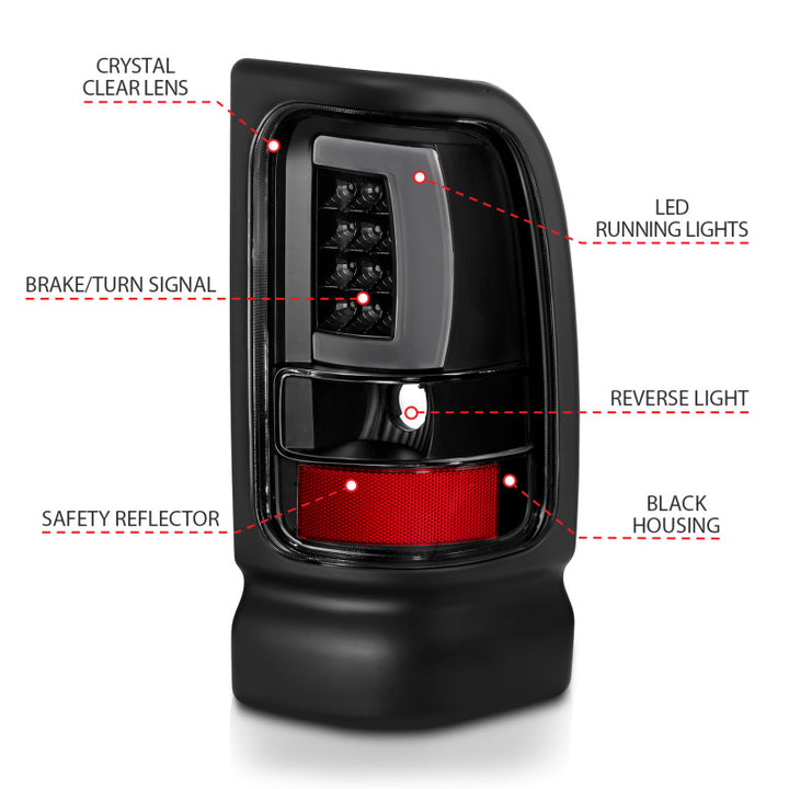 ANZO 1994-2001 Dodge Ram 1500 LED Taillights Plank Style Black w/Clear Lens - Bull Strap