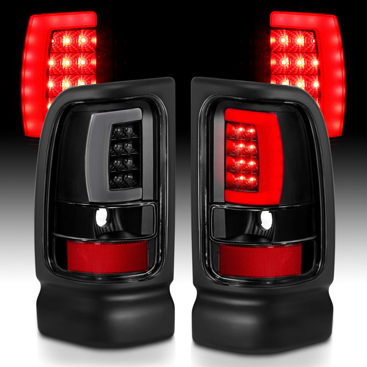 ANZO 1994-2001 Dodge Ram 1500 LED Taillights Plank Style Black w/Clear Lens - Bull Strap
