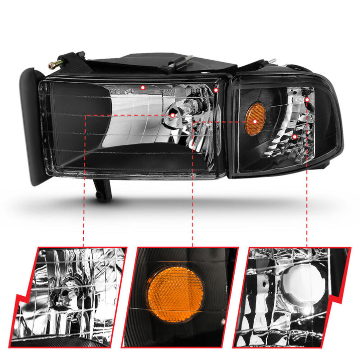 ANZO 1994-2001 Dodge Ram Crystal Headlights Black - Bull Strap