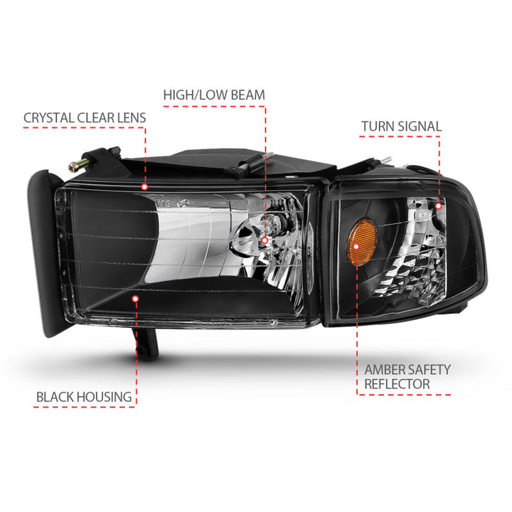 ANZO 1994-2001 Dodge Ram Crystal Headlights Black - Bull Strap
