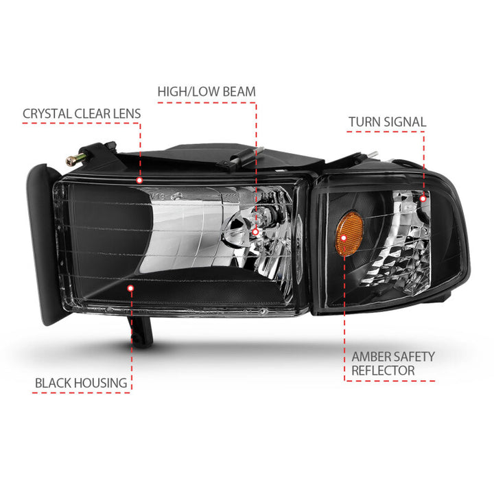 ANZO 1994-2001 Dodge Ram Crystal Headlights Black - Bull Strap