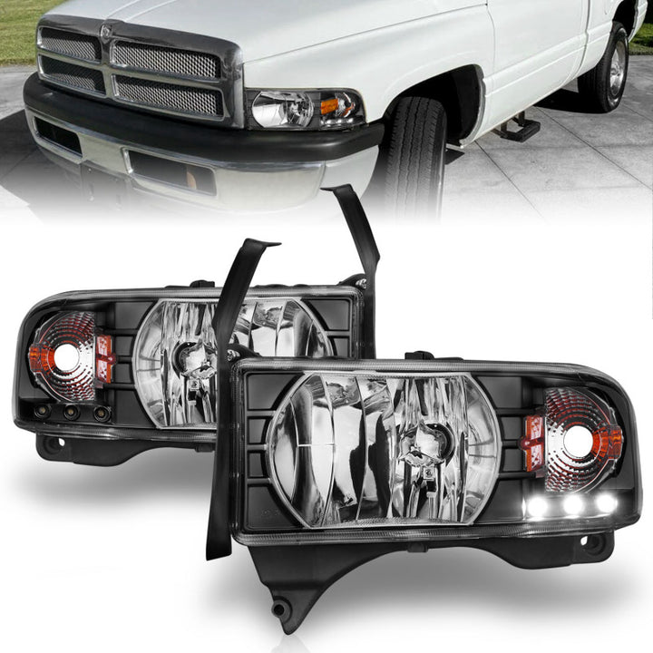 ANZO 1994-2001 Dodge Ram Crystal Headlights Black w/ LED - Bull Strap