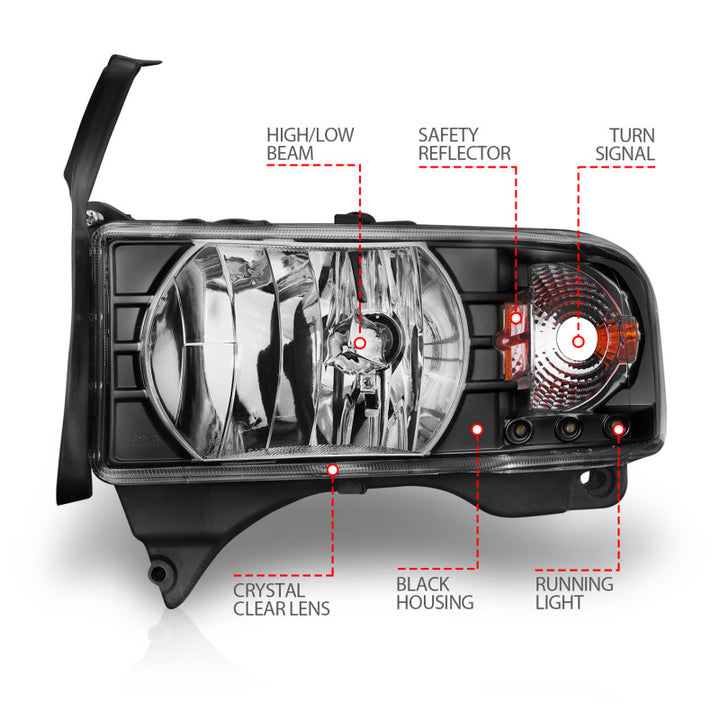 ANZO 1994-2001 Dodge Ram Crystal Headlights Black w/ LED - Bull Strap