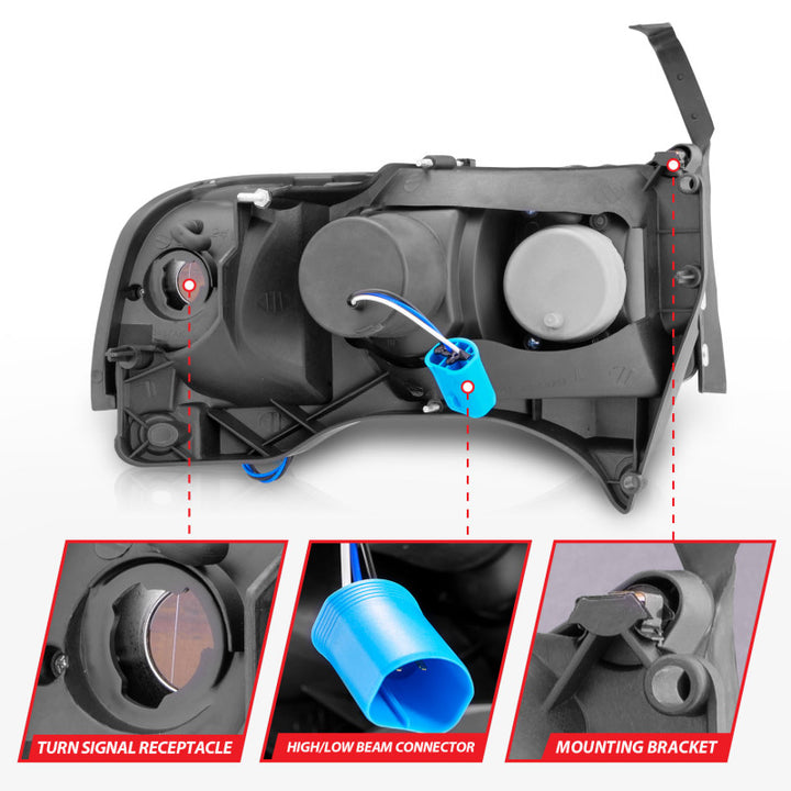 ANZO 1994-2001 Dodge Ram Crystal Headlights Black w/ LED - Bull Strap
