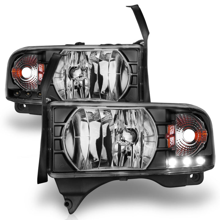ANZO 1994-2001 Dodge Ram Crystal Headlights Black w/ LED - Bull Strap