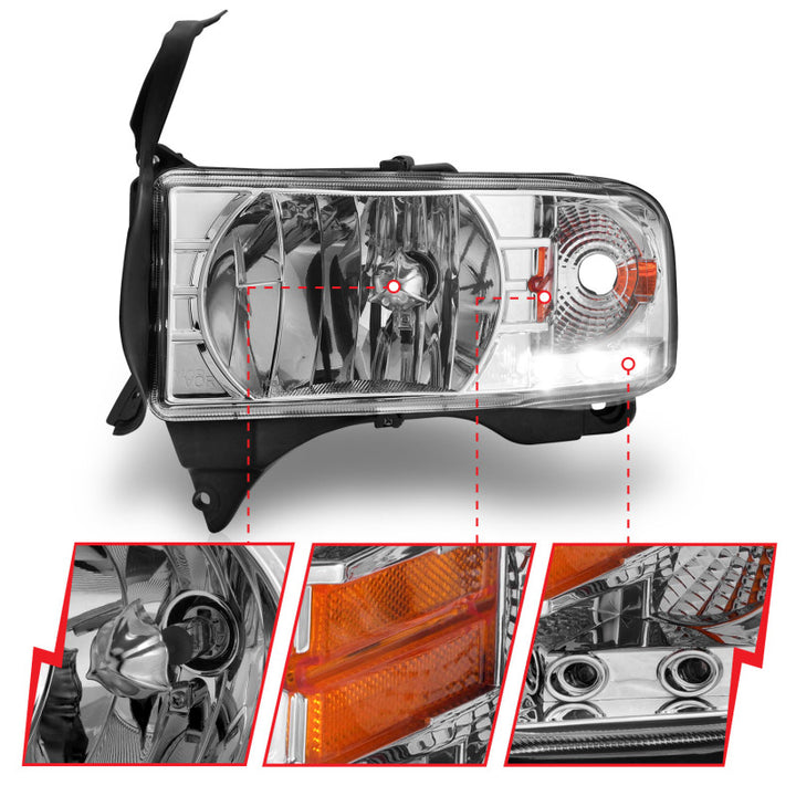 ANZO 1994-2001 Dodge Ram Crystal Headlights Chrome w/ LED - Bull Strap