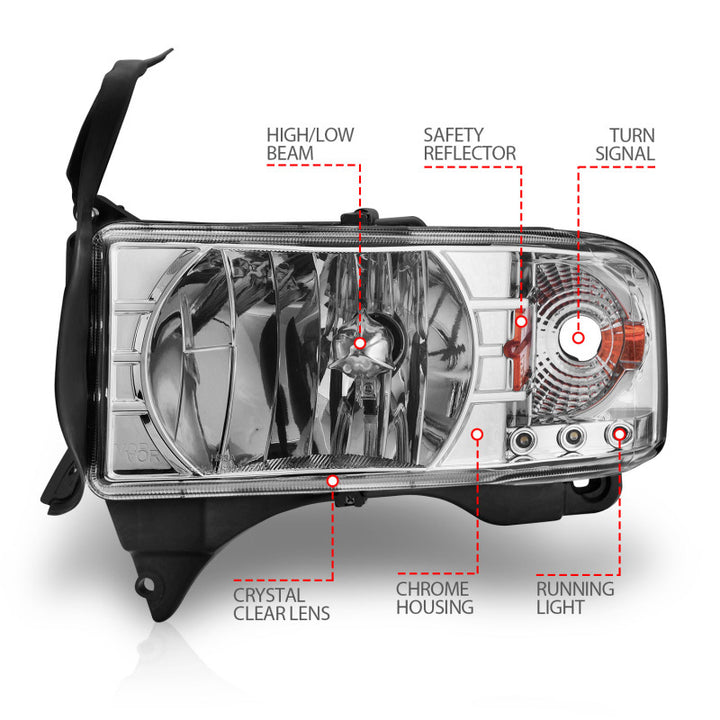 ANZO 1994-2001 Dodge Ram Crystal Headlights Chrome w/ LED - Bull Strap