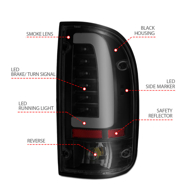 ANZO 1995-2000 Toyota Tacoma LED Taillights Black Housing Smoke Lens (Pair) - Bull Strap