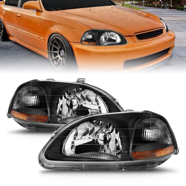ANZO 1996-1998 Honda Civic Crystal Headlights Black - Bull Strap