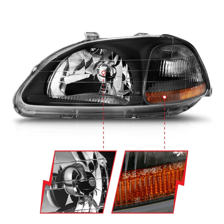 ANZO 1996-1998 Honda Civic Crystal Headlights Black - Bull Strap