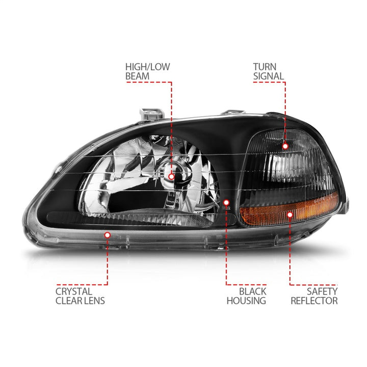 ANZO 1996-1998 Honda Civic Crystal Headlights Black - Bull Strap