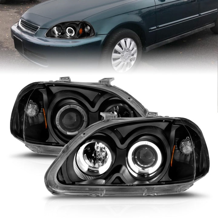 ANZO 1996-1998 Honda Civic Projector Headlights w/ Halo Black - Bull Strap