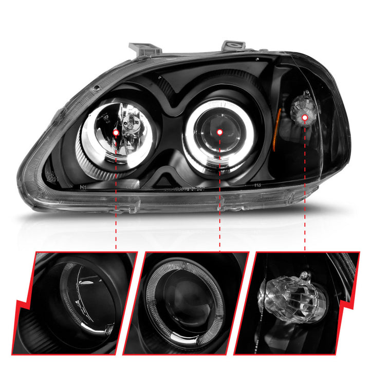 ANZO 1996-1998 Honda Civic Projector Headlights w/ Halo Black - Bull Strap