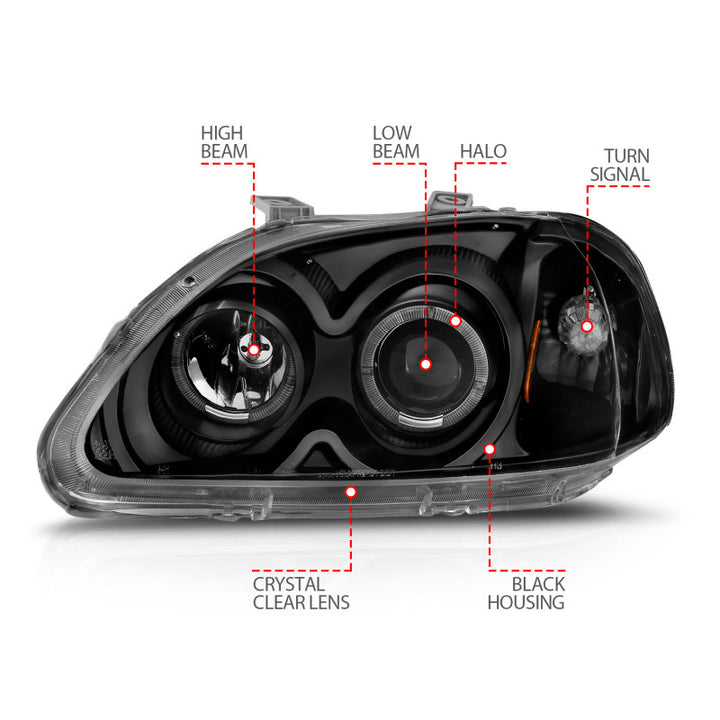 ANZO 1996-1998 Honda Civic Projector Headlights w/ Halo Black - Bull Strap