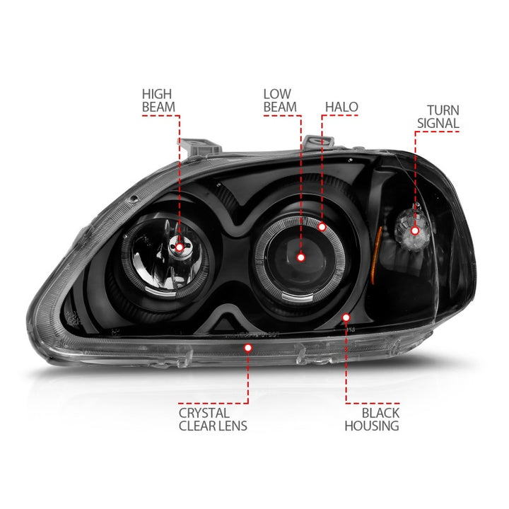 ANZO 1996-1998 Honda Civic Projector Headlights w/ Halo Black - Bull Strap