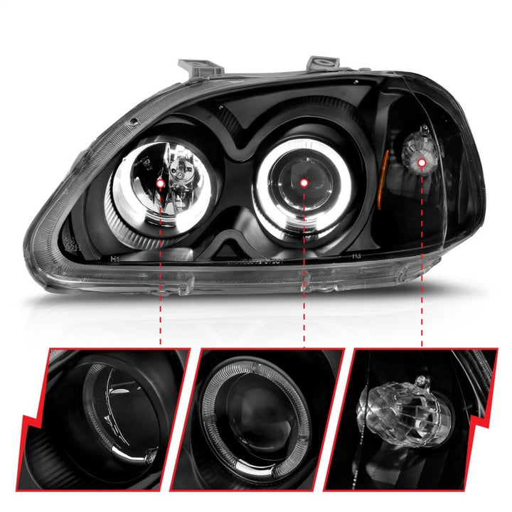ANZO 1996-1998 Honda Civic Projector Headlights w/ Halo Black - Bull Strap