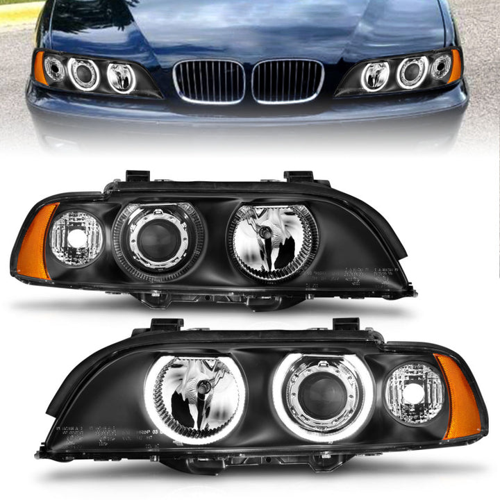 ANZO 1997-2001 BMW 5 Series Projector Headlights w/ Halo Black - Bull Strap