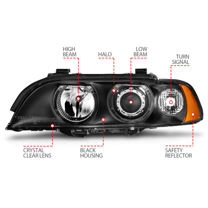 ANZO 1997-2001 BMW 5 Series Projector Headlights w/ Halo Black - Bull Strap