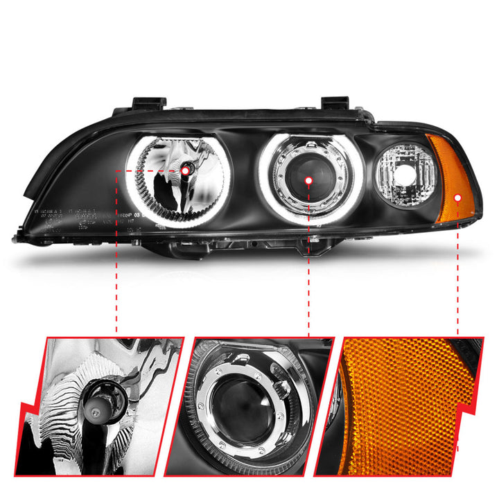 ANZO 1997-2001 BMW 5 Series Projector Headlights w/ Halo Black - Bull Strap