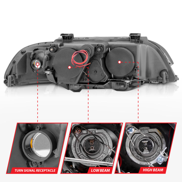 ANZO 1997-2001 BMW 5 Series Projector Headlights w/ Halo Black - Bull Strap