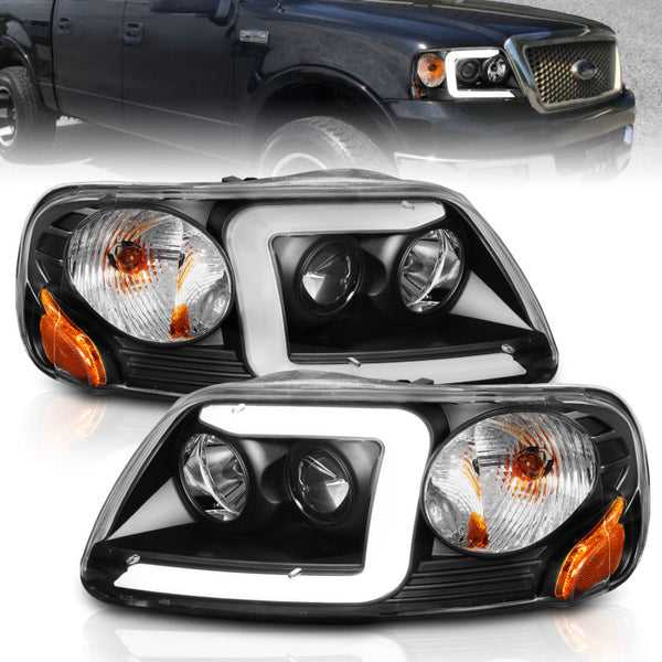 ANZO 1997-2003 Ford F-150 Projector Headlights w/ Light Bar Black Housing - Bull Strap