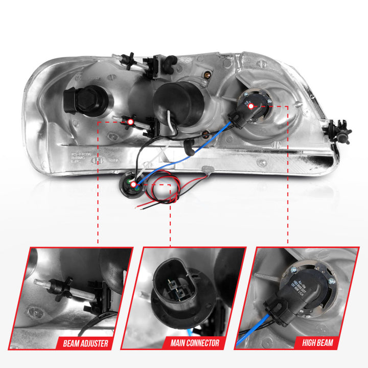 ANZO 1997-2003 Ford F-150 Projector Headlights w/ Light Bar Black Housing - Bull Strap