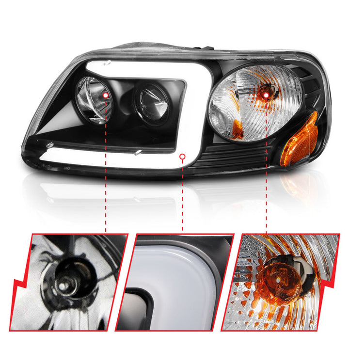ANZO 1997-2003 Ford F-150 Projector Headlights w/ Light Bar Black Housing - Bull Strap