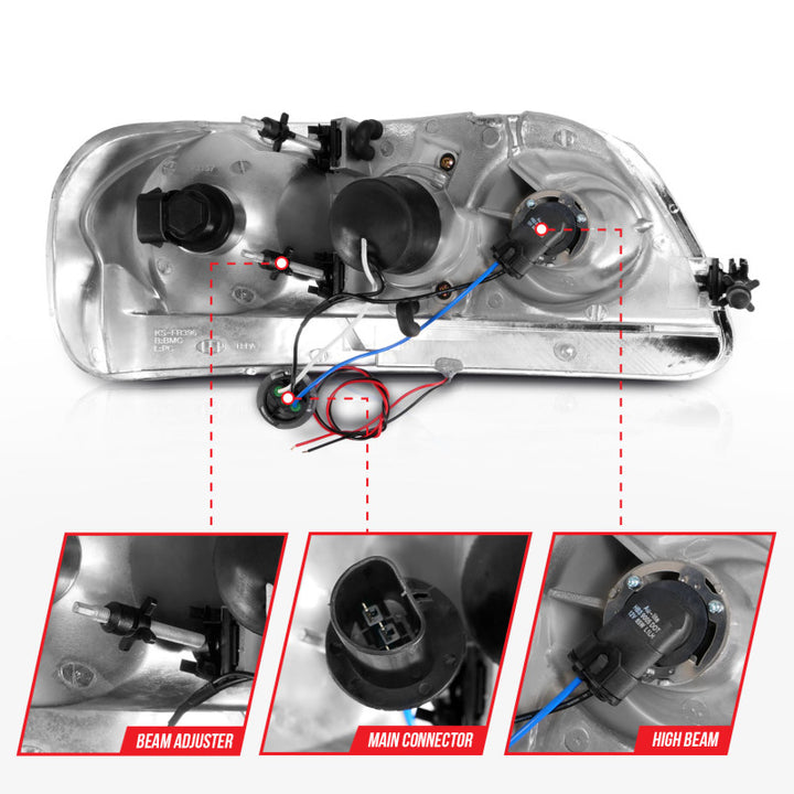 ANZO 1997-2003 Ford F-150 Projector Headlights w/ Light Bar Black Housing - Bull Strap