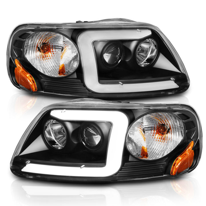 ANZO 1997-2003 Ford F-150 Projector Headlights w/ Light Bar Black Housing - Bull Strap