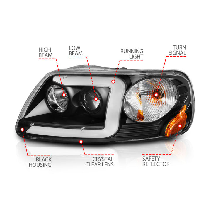 ANZO 1997-2003 Ford F-150 Projector Headlights w/ Light Bar Black Housing - Bull Strap
