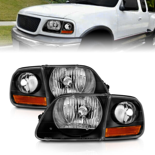 ANZO 1997-2003 Ford F150 Crystal Headlight Black w/ Parking Light - Bull Strap