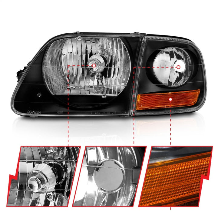 ANZO 1997-2003 Ford F150 Crystal Headlight Black w/ Parking Light - Bull Strap