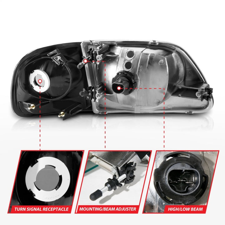ANZO 1997-2003 Ford F150 Crystal Headlight Black w/ Parking Light - Bull Strap