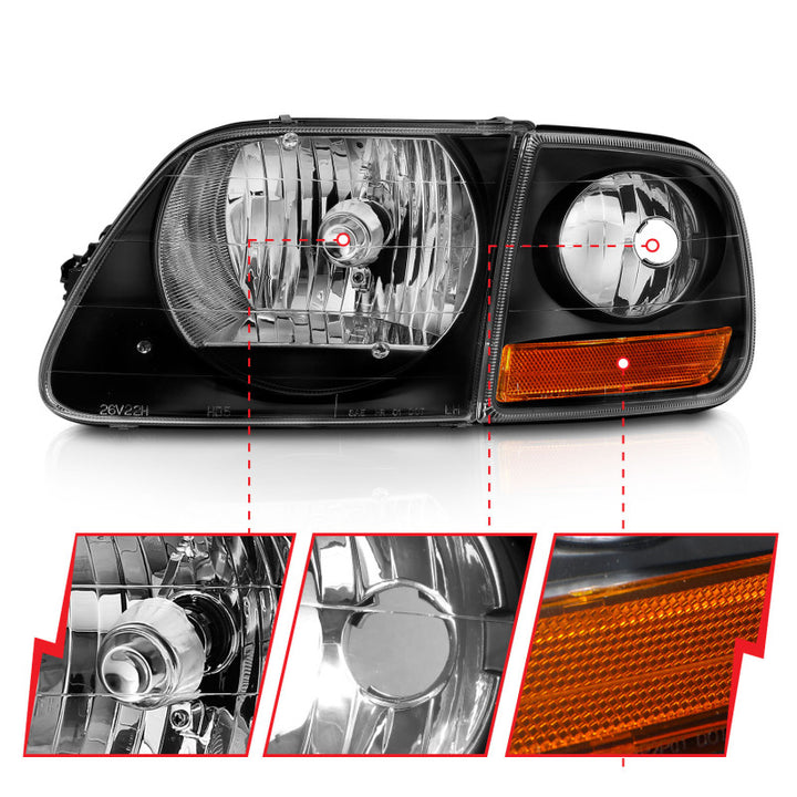 ANZO 1997-2003 Ford F150 Crystal Headlight Black w/ Parking Light - Bull Strap