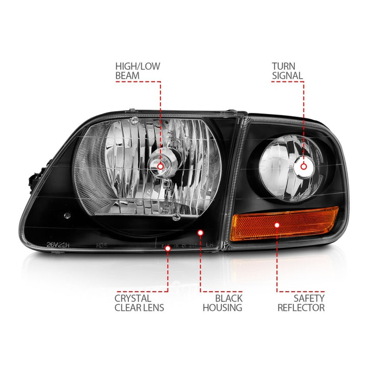 ANZO 1997-2003 Ford F150 Crystal Headlight Black w/ Parking Light - Bull Strap