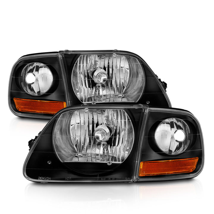 ANZO 1997-2003 Ford F150 Crystal Headlight Black w/ Parking Light - Bull Strap