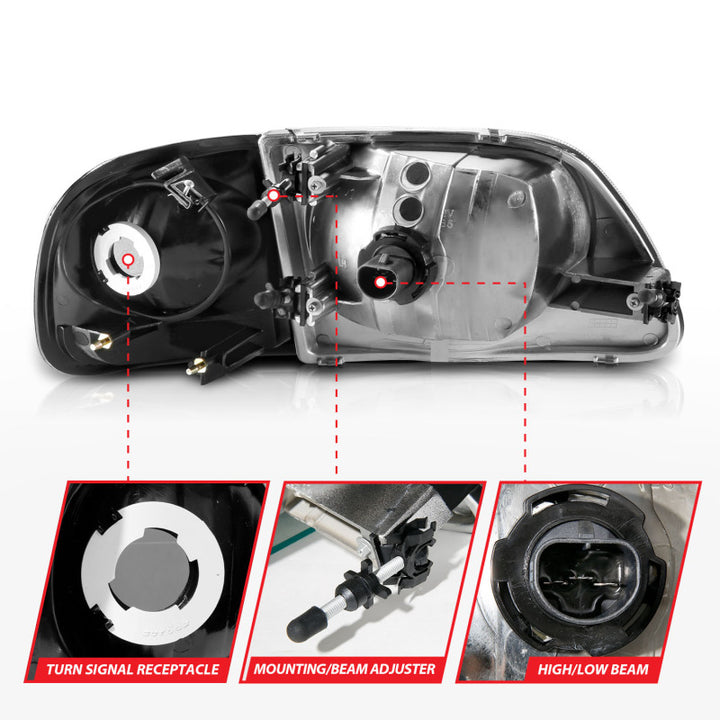 ANZO 1997-2003 Ford F150 Crystal Headlight Black w/ Parking Light - Bull Strap