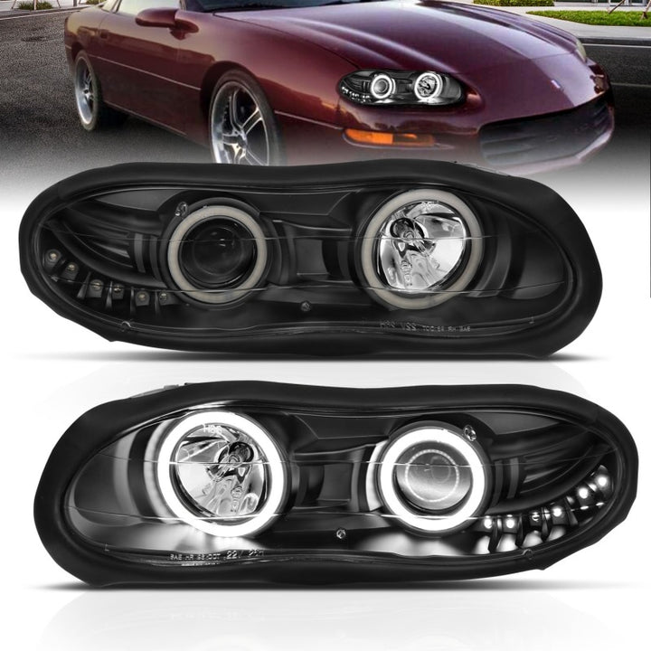 ANZO 1998-2002 Chevrolet Camaro Projector Headlights w/ Halo Black - Bull Strap