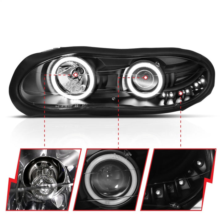 ANZO 1998-2002 Chevrolet Camaro Projector Headlights w/ Halo Black - Bull Strap