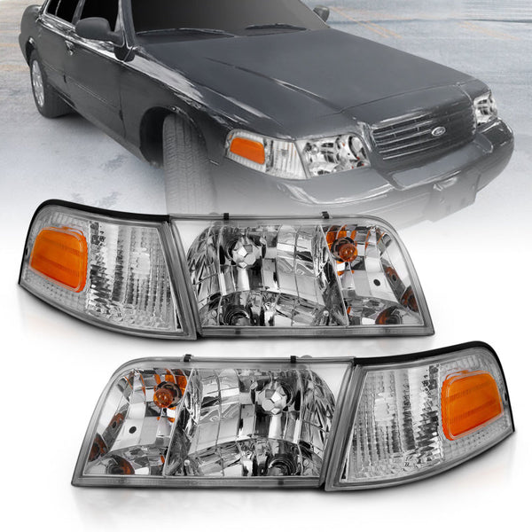 ANZO 1998-2005 Ford Crown Victoria Crystal Headlight Chrome With Bumper Light (OE) - Bull Strap