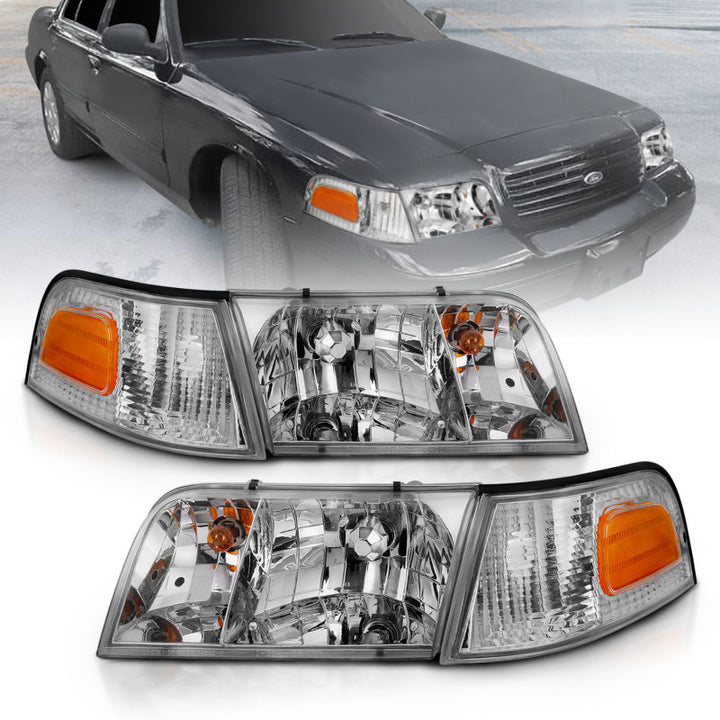ANZO 1998-2005 Ford Crown Victoria Crystal Headlight Chrome With Bumper Light (OE) - Bull Strap