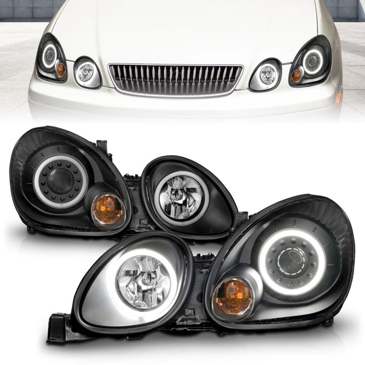 ANZO 1998-2005 Lexus Gs300 Projector Headlights w/ Halo Black - Bull Strap