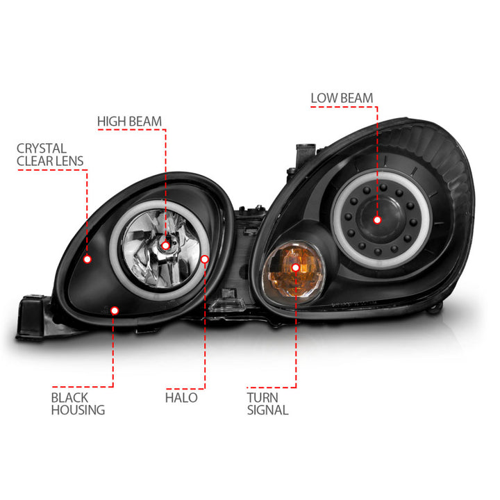 ANZO 1998-2005 Lexus Gs300 Projector Headlights w/ Halo Black - Bull Strap