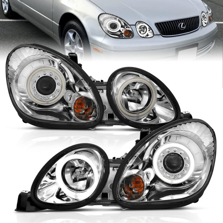 ANZO 1998-2005 Lexus Gs300 Projector Headlights w/ Halo Chrome - Bull Strap